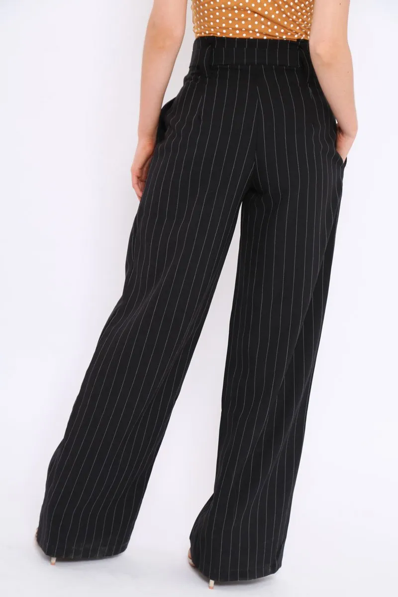 Black Pinstripe High Waist Tailored Trousers - Ginni