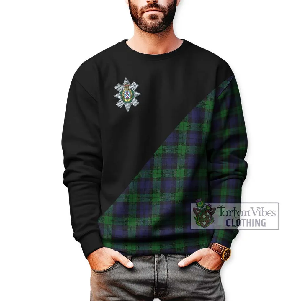 Black Watch Tartan Sweatshirt with Family Crest and Military Logo Style