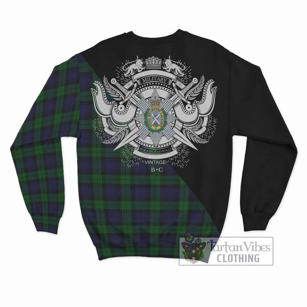 Black Watch Tartan Sweatshirt with Family Crest and Military Logo Style