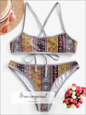 Bohemian Print Lace up Criss Cross Bikini Swimsuit Bikini Sets