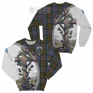 Bowie Tartan Sweatshirt with Family Crest and St. Andrew's Cross Accented by Thistle Vines