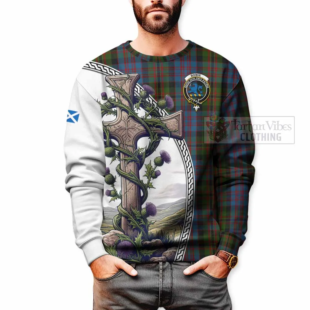 Bowie Tartan Sweatshirt with Family Crest and St. Andrew's Cross Accented by Thistle Vines