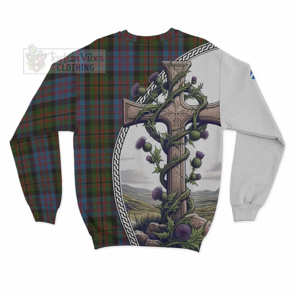 Bowie Tartan Sweatshirt with Family Crest and St. Andrew's Cross Accented by Thistle Vines