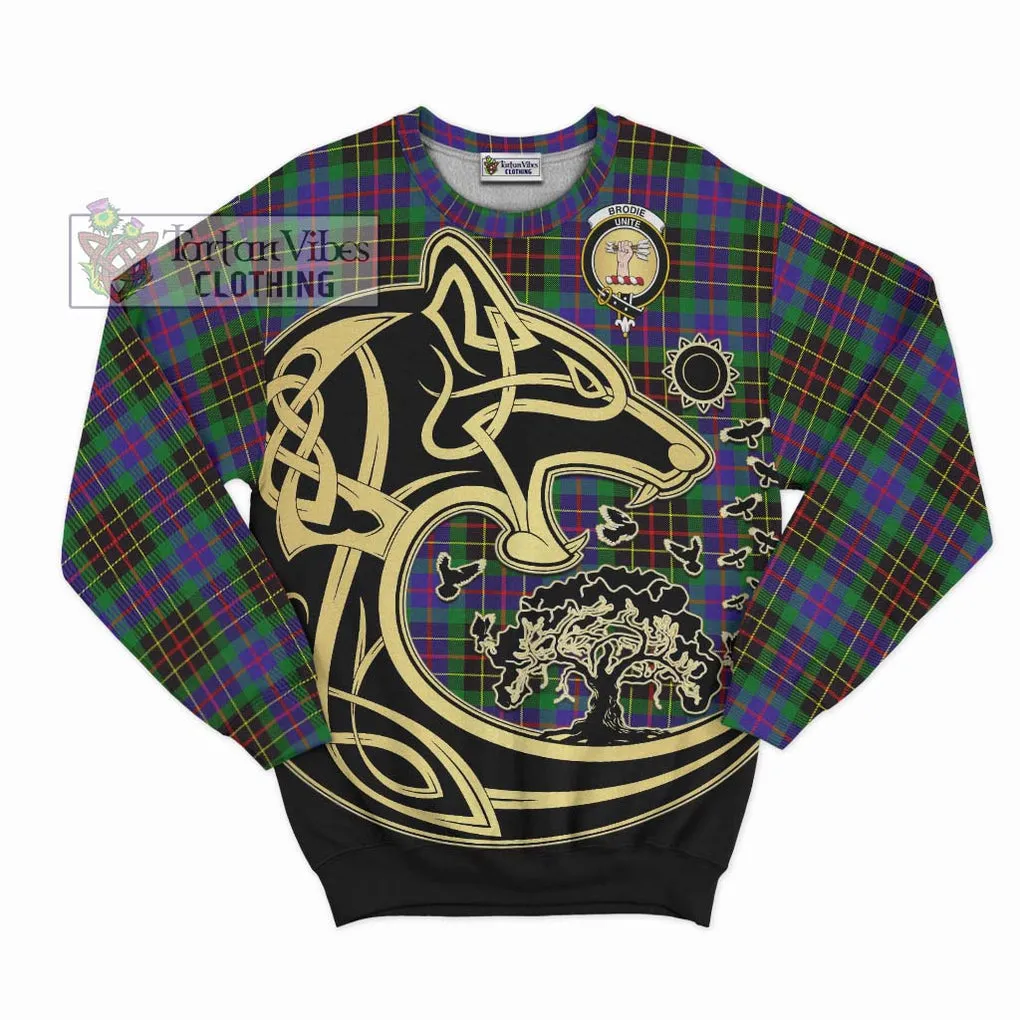 Brodie Hunting Modern Tartan Sweatshirt with Family Crest Celtic Wolf Style