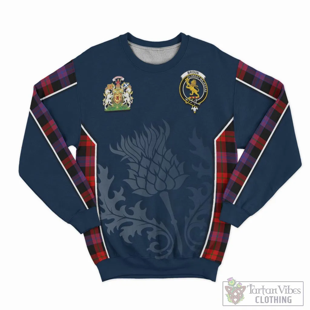 Broun Modern Tartan Sweatshirt with Family Crest and Scottish Thistle Vibes Sport Style