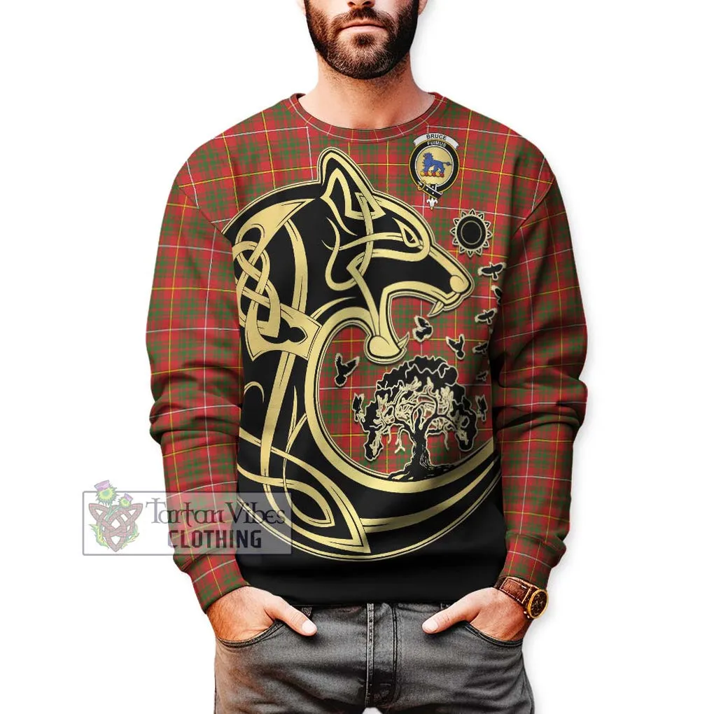 Bruce Modern Tartan Sweatshirt with Family Crest Celtic Wolf Style