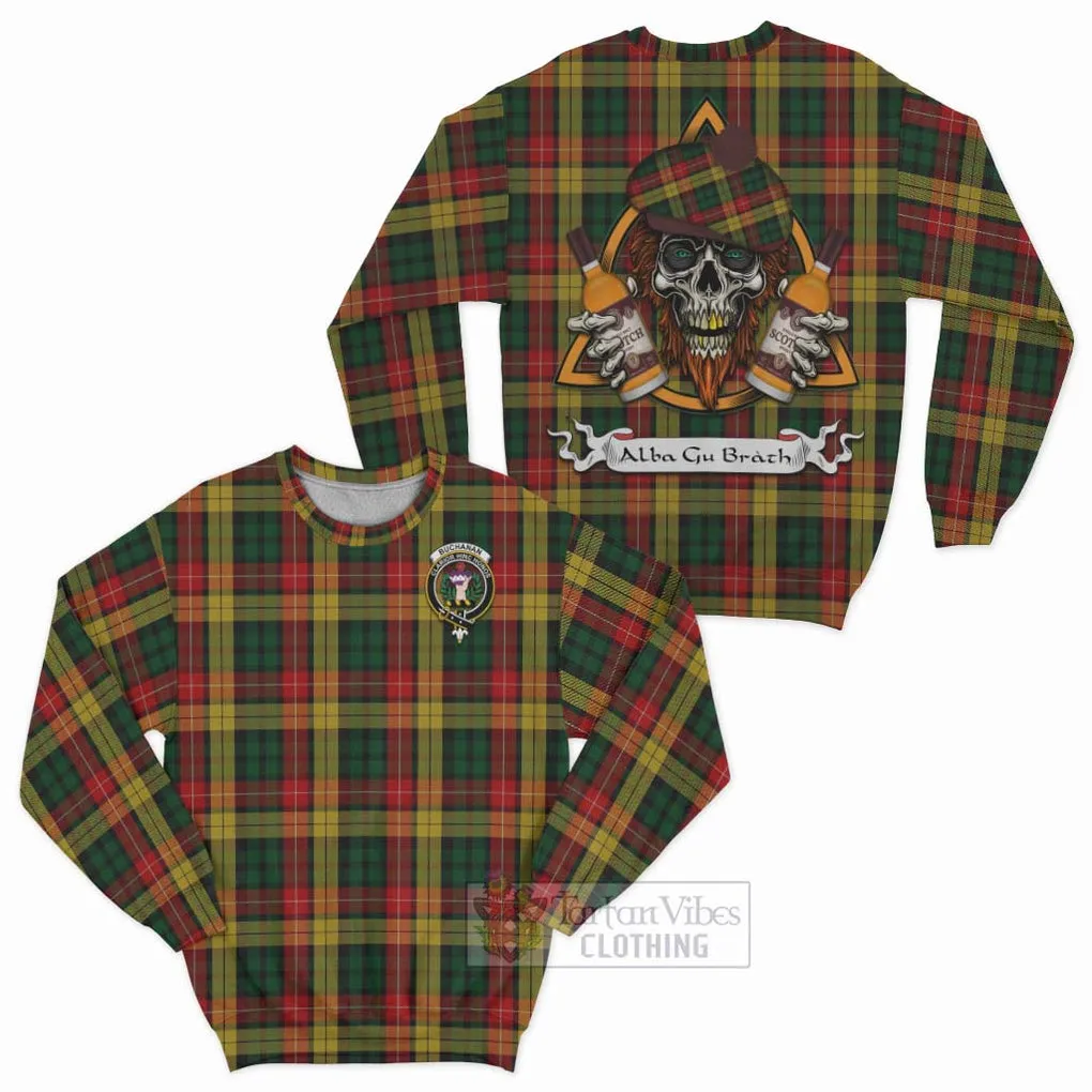 Buchanan Tartan Sweatshirt with Family Crest and Bearded Skull Holding Bottles of Whiskey