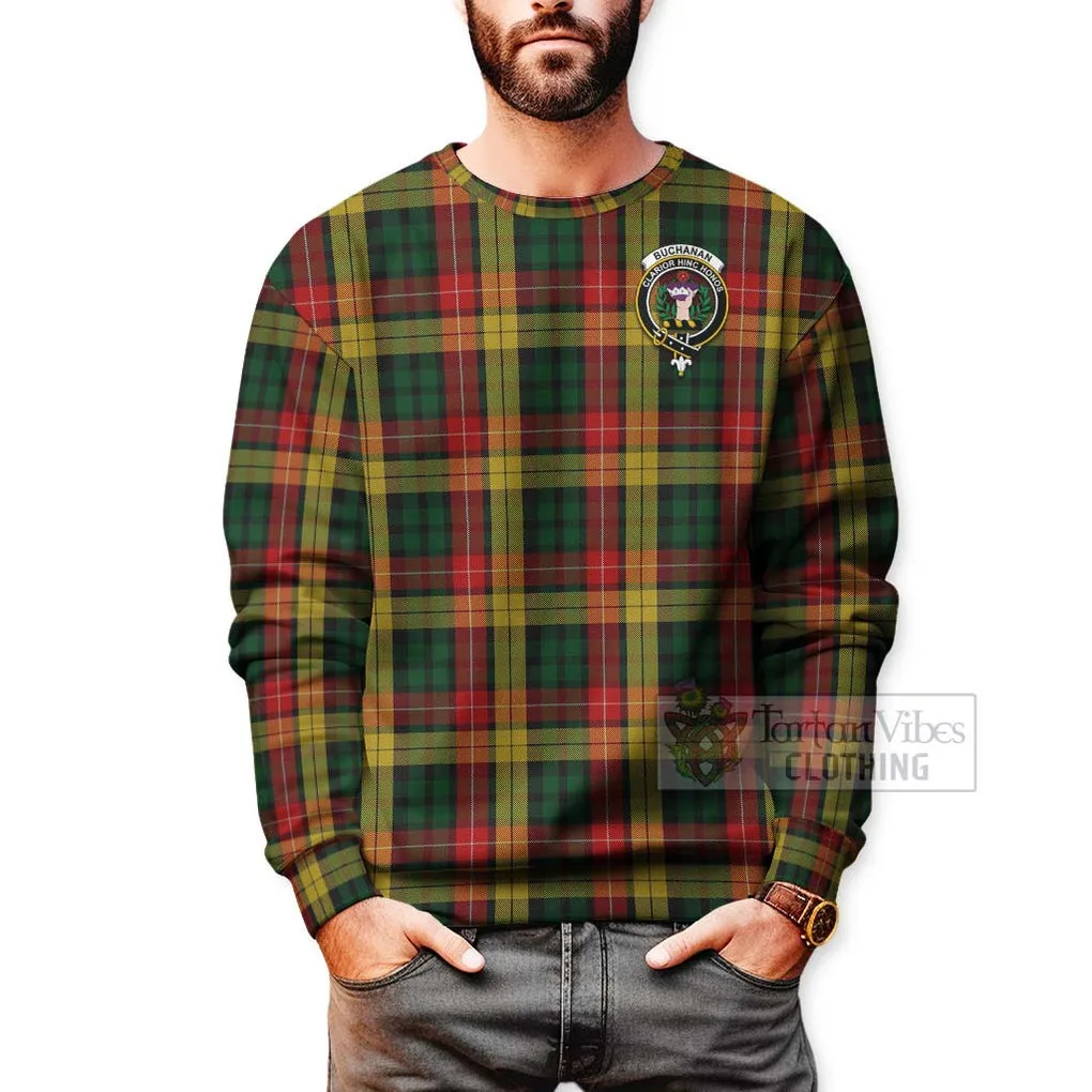 Buchanan Tartan Sweatshirt with Family Crest and Bearded Skull Holding Bottles of Whiskey