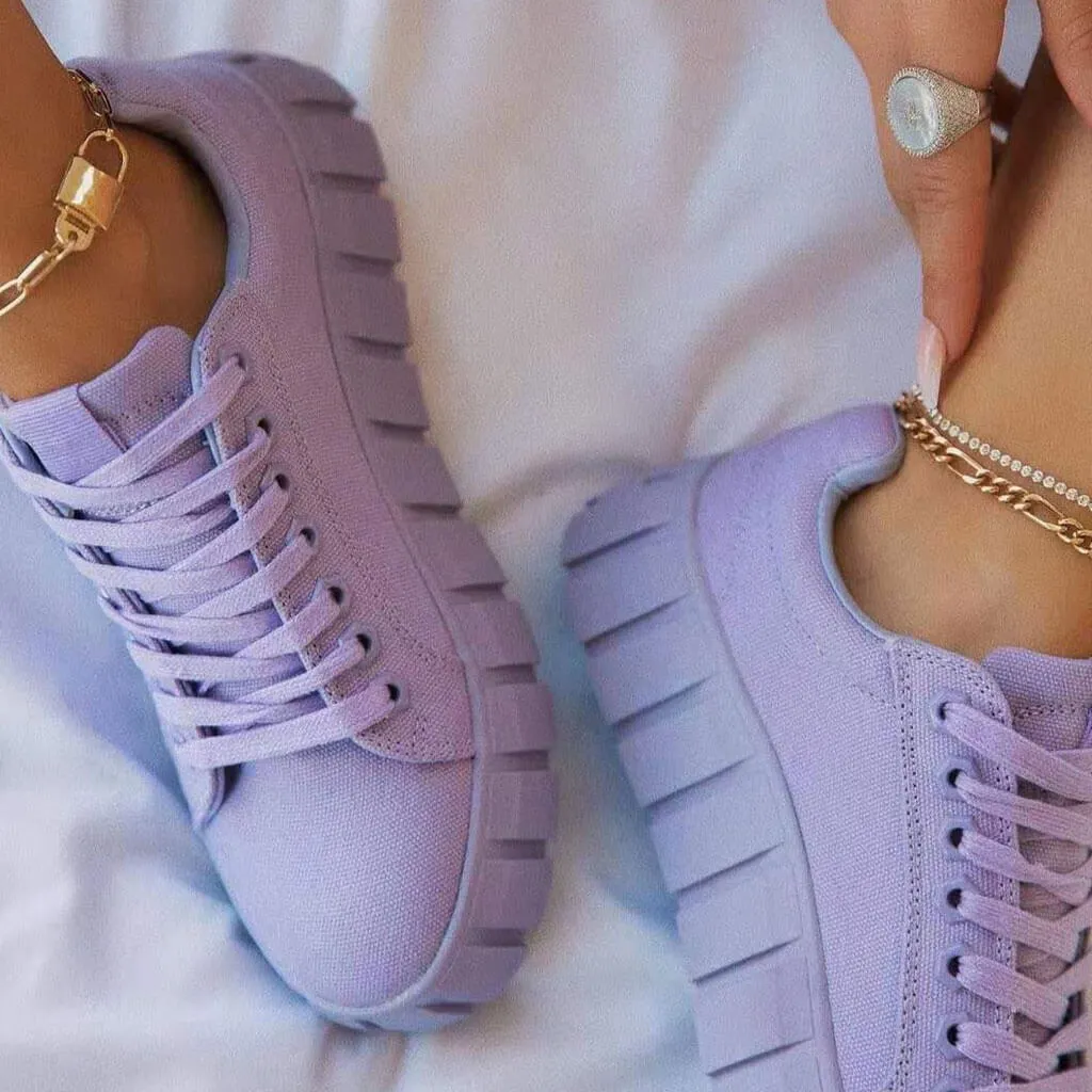 Casual Style Lace Up Ridged Trimmed Platform Sneakers - Purple