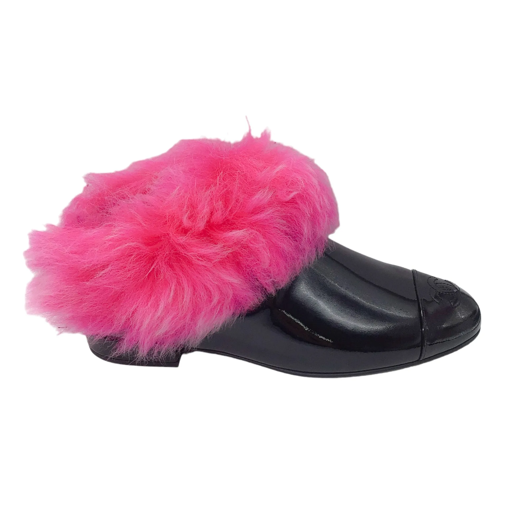 Chanel Black / Hot Pink Shearling Trimmed CC Logo Cap Toe Patent Leather Short Boots