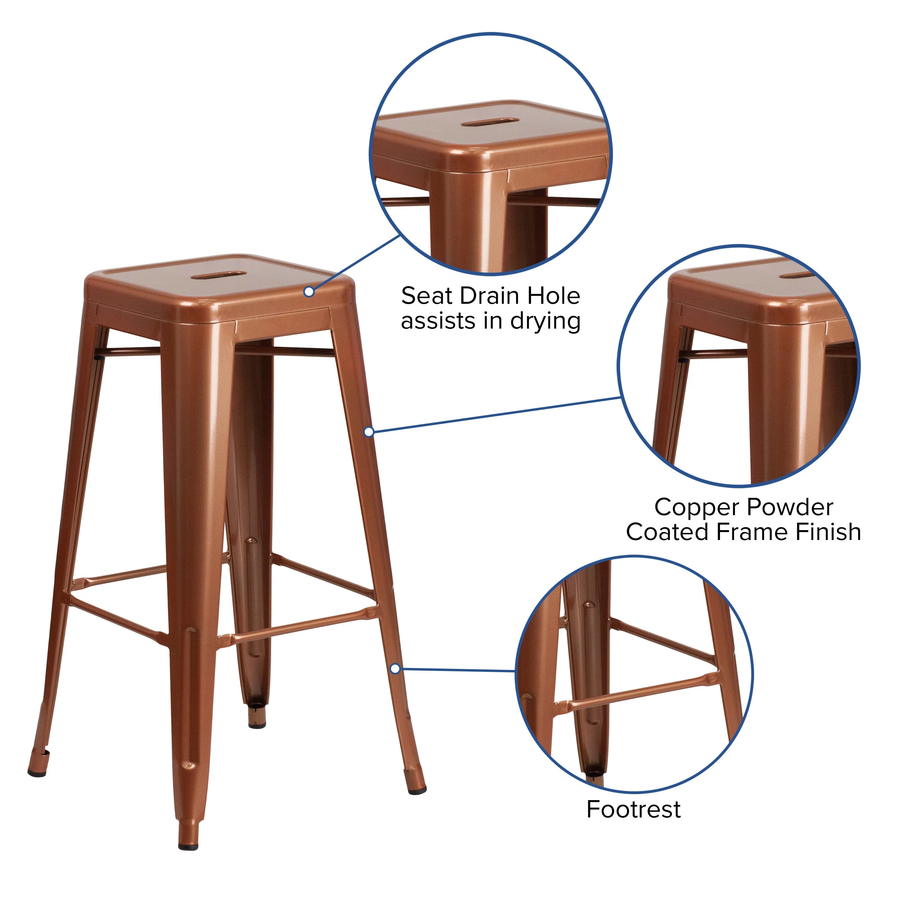 Commercial Grade 30" High Backless Metal Indoor-Outdoor Barstool with Square Seat