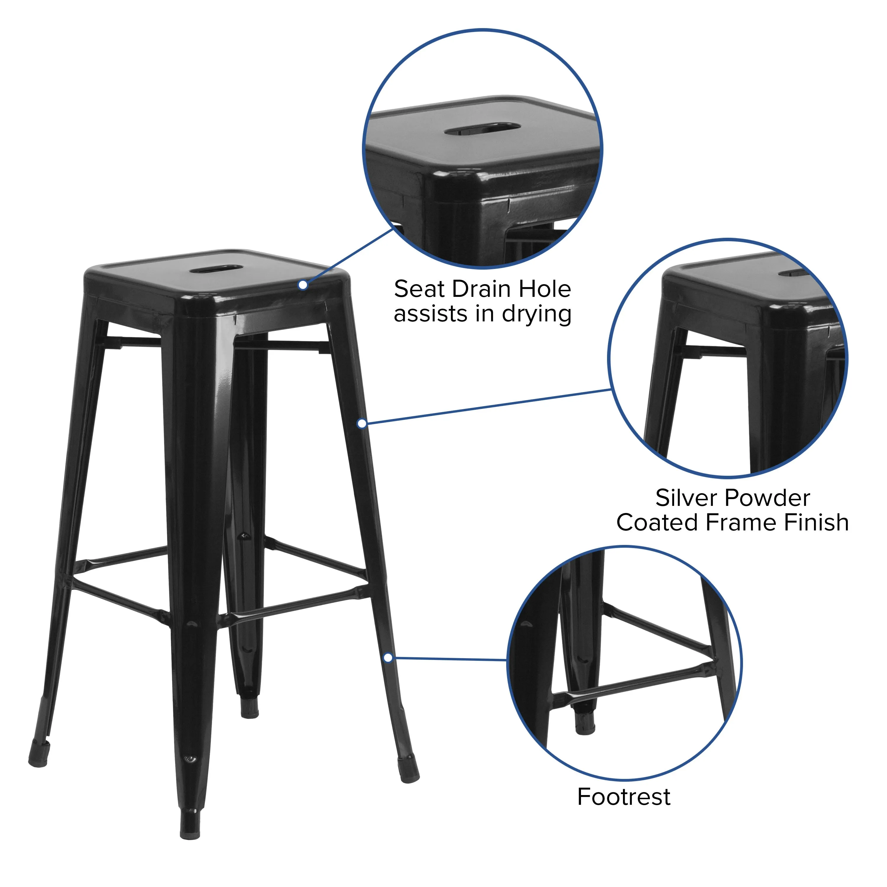 Commercial Grade 30" High Backless Metal Indoor-Outdoor Barstool with Square Seat