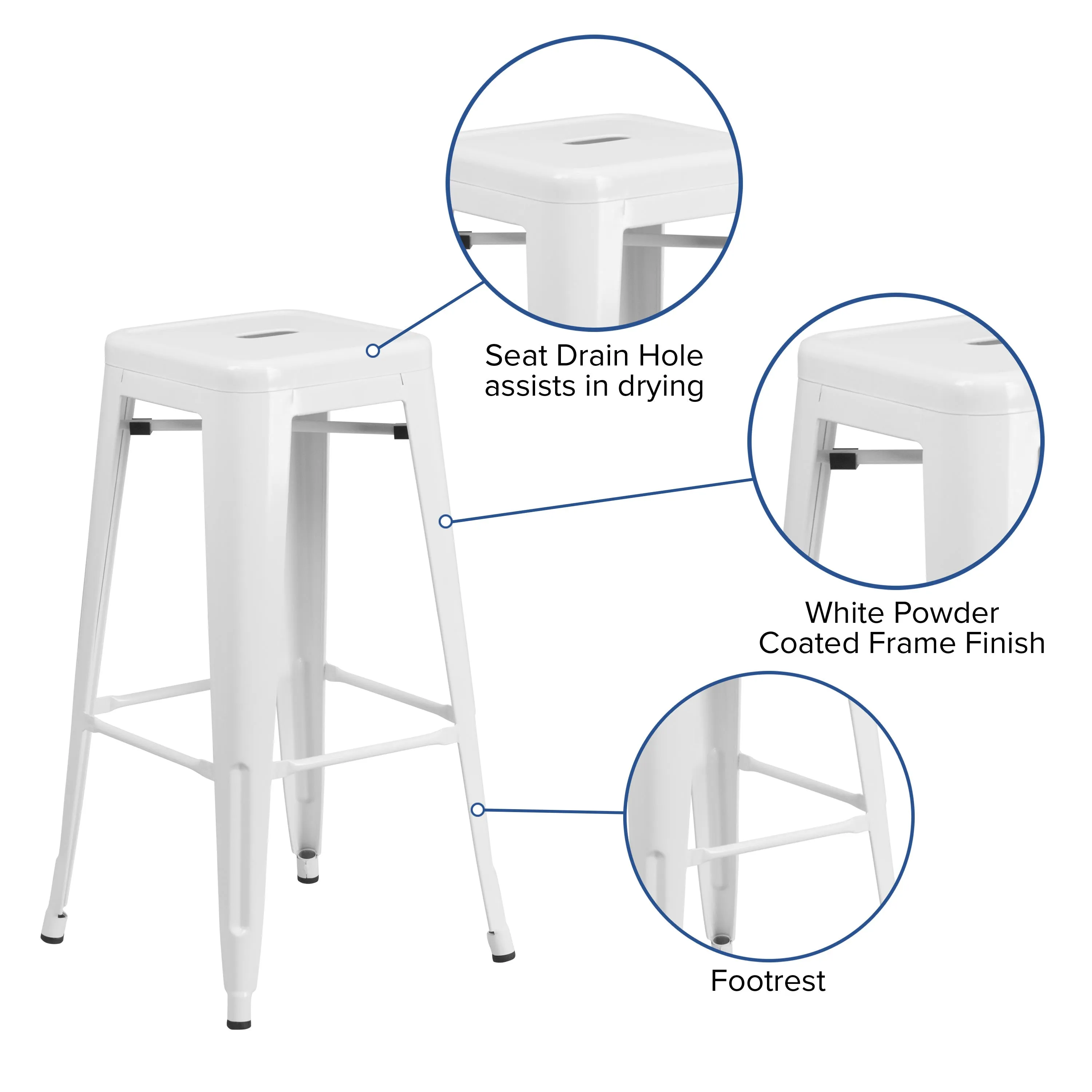 Commercial Grade 30" High Backless Metal Indoor-Outdoor Barstool with Square Seat