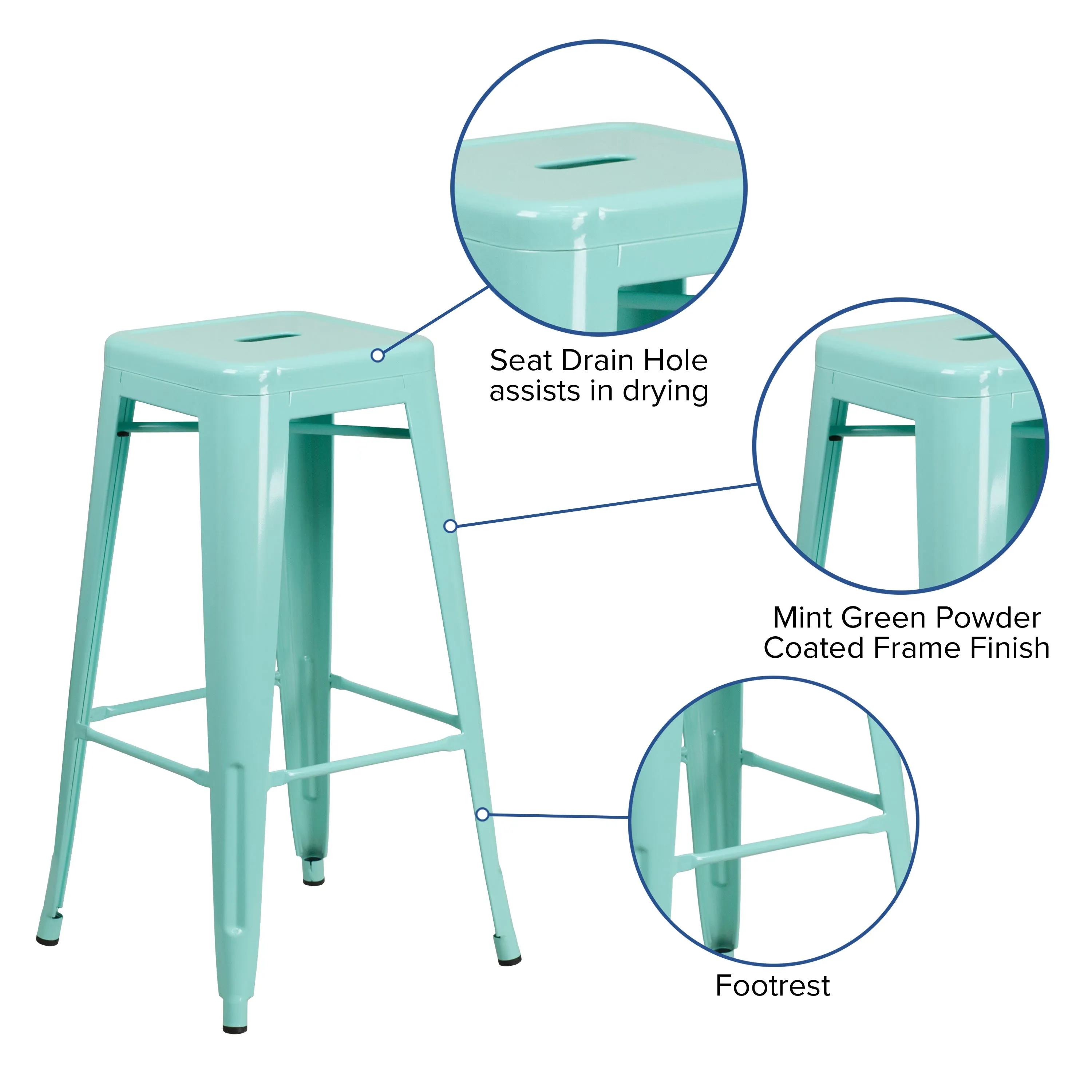 Commercial Grade 30" High Backless Metal Indoor-Outdoor Barstool with Square Seat