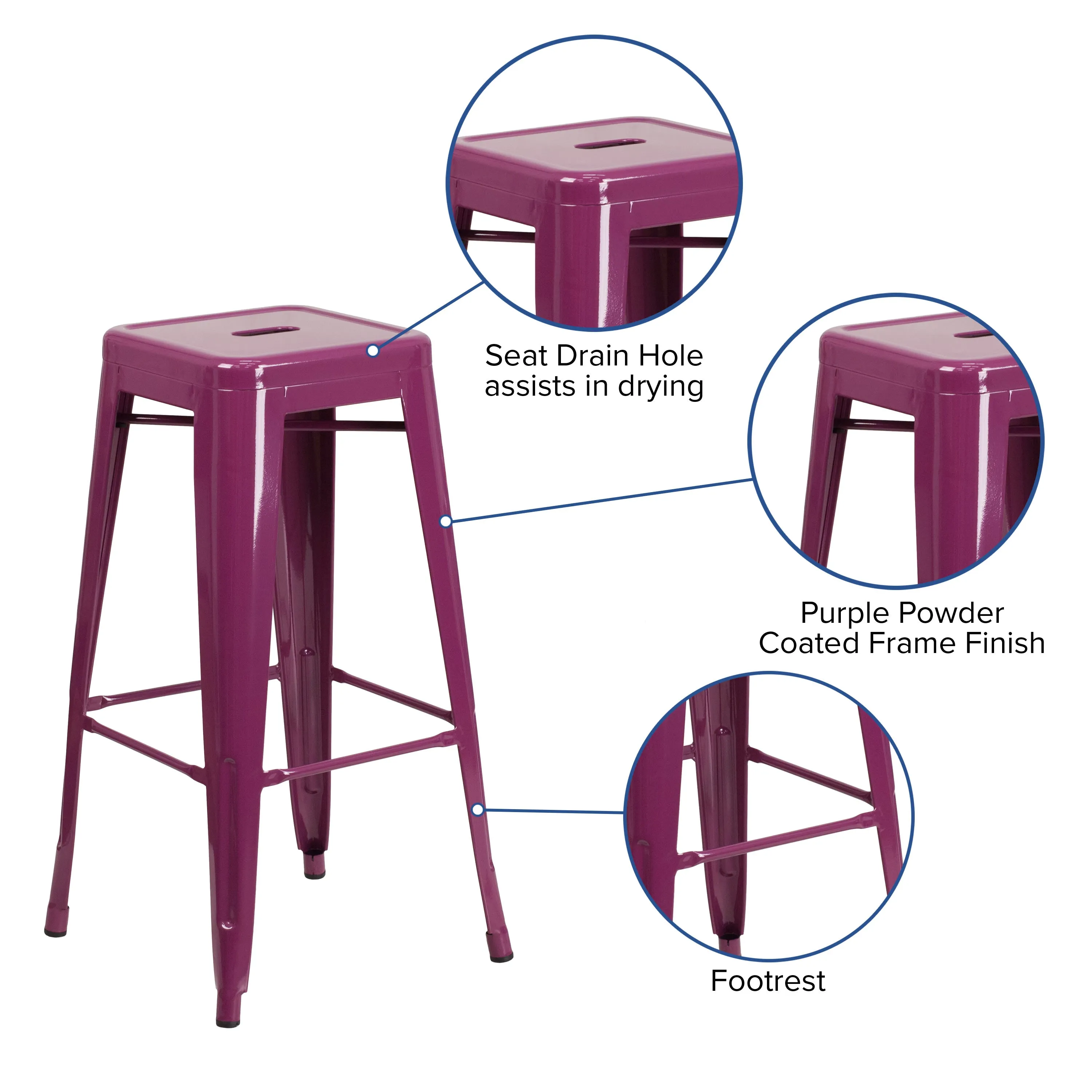 Commercial Grade 30" High Backless Metal Indoor-Outdoor Barstool with Square Seat