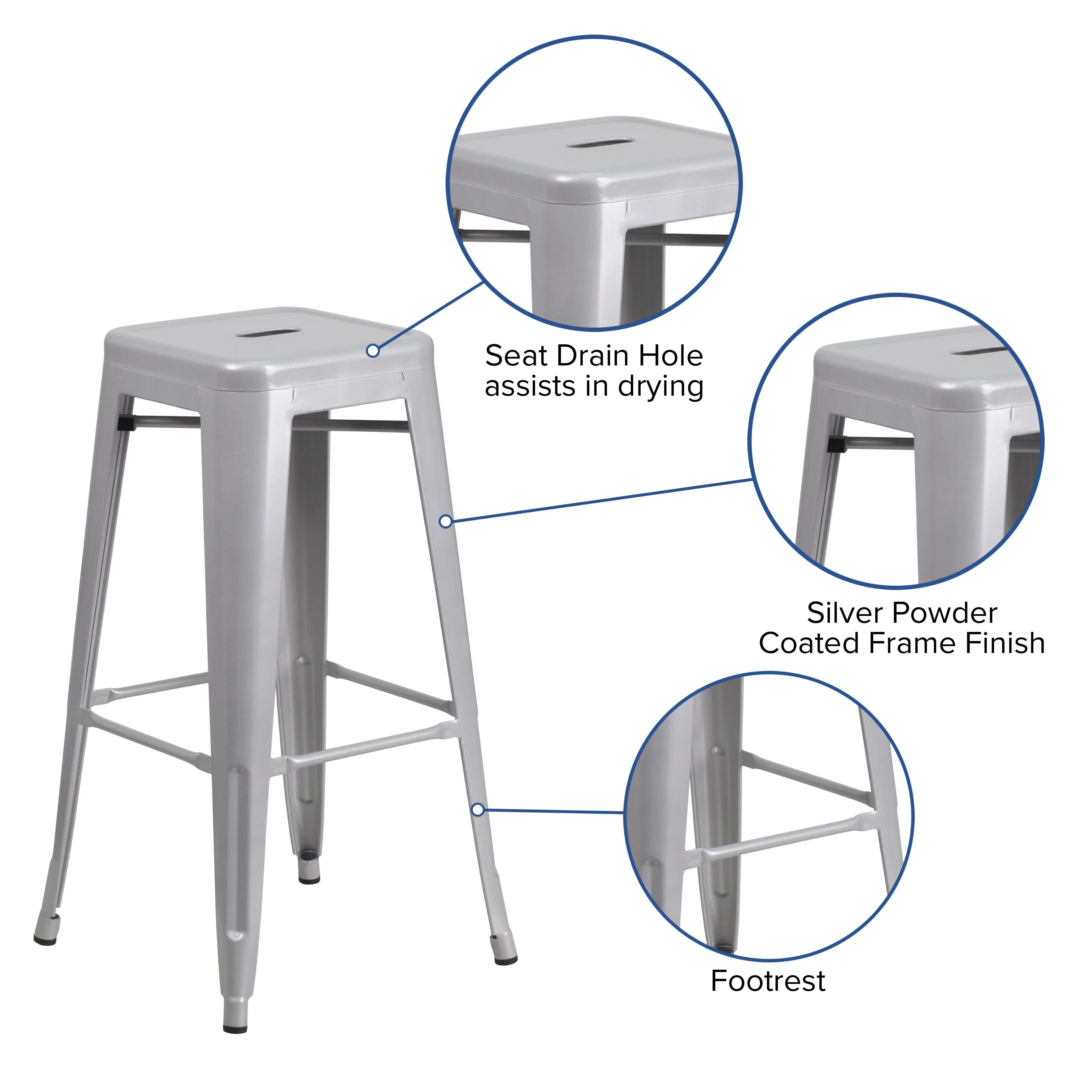 Commercial Grade 30" High Backless Metal Indoor-Outdoor Barstool with Square Seat