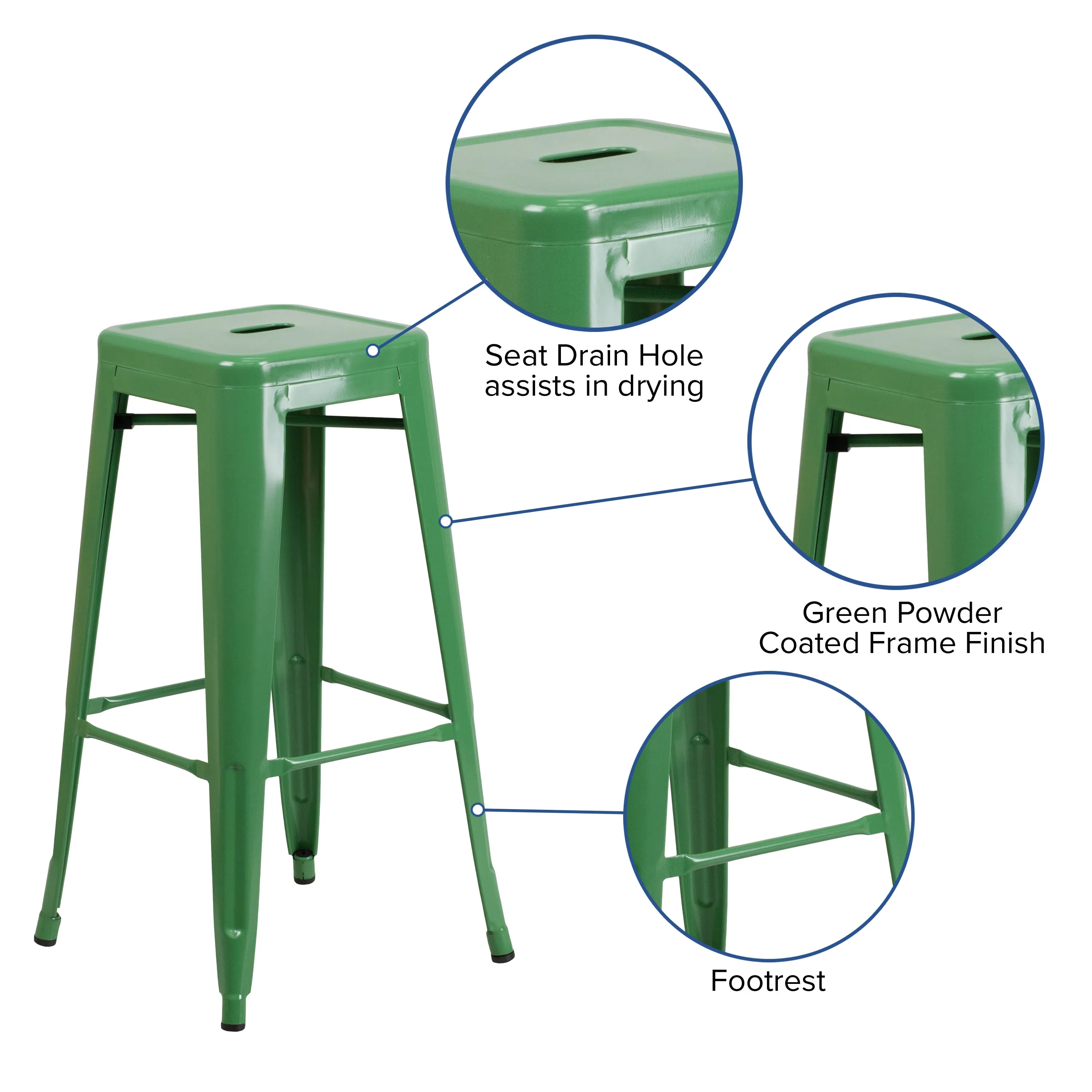 Commercial Grade 30" High Backless Metal Indoor-Outdoor Barstool with Square Seat