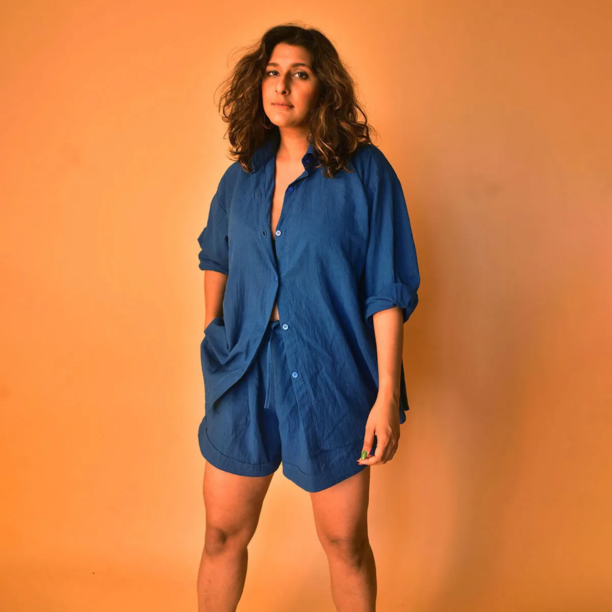 Cotton Co-Ord Set for Women | Shirt & Shorts | Blue