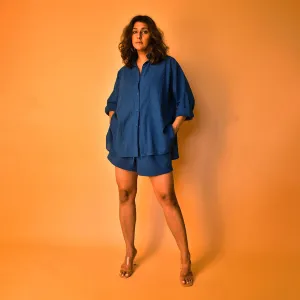 Cotton Co-Ord Set for Women | Shirt & Shorts | Blue