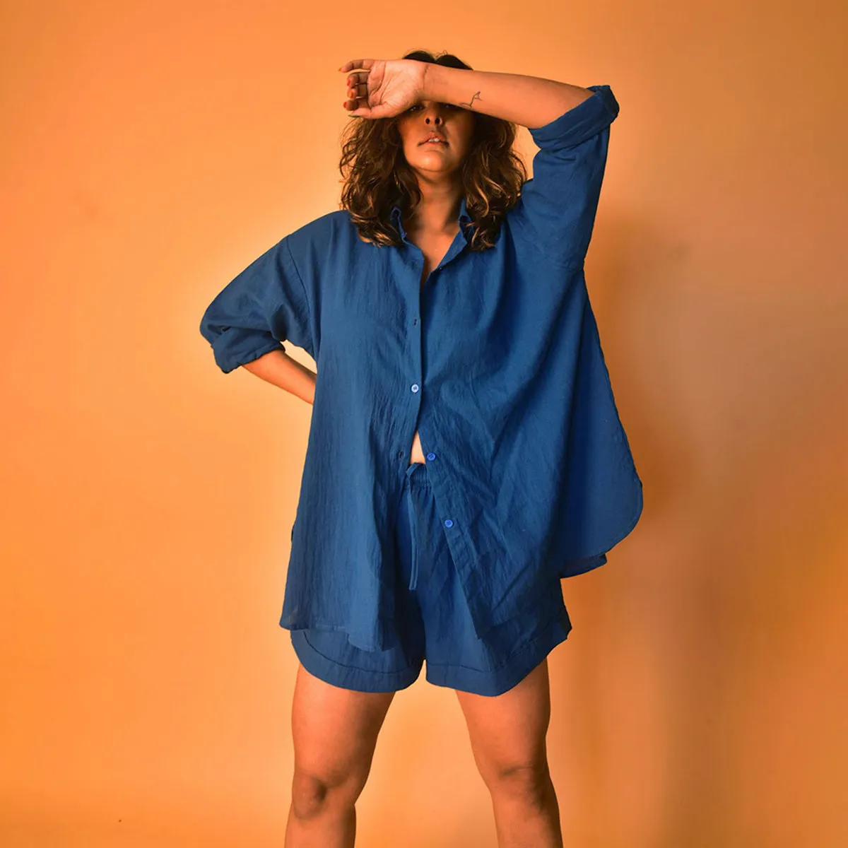 Cotton Co-Ord Set for Women | Shirt & Shorts | Blue