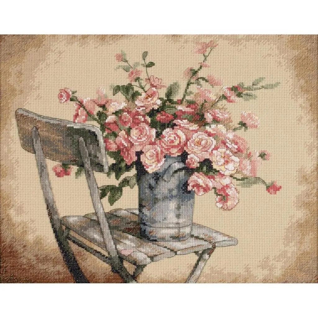 Counted Cross Stitch Kit Roses on White Chair 14inx11in