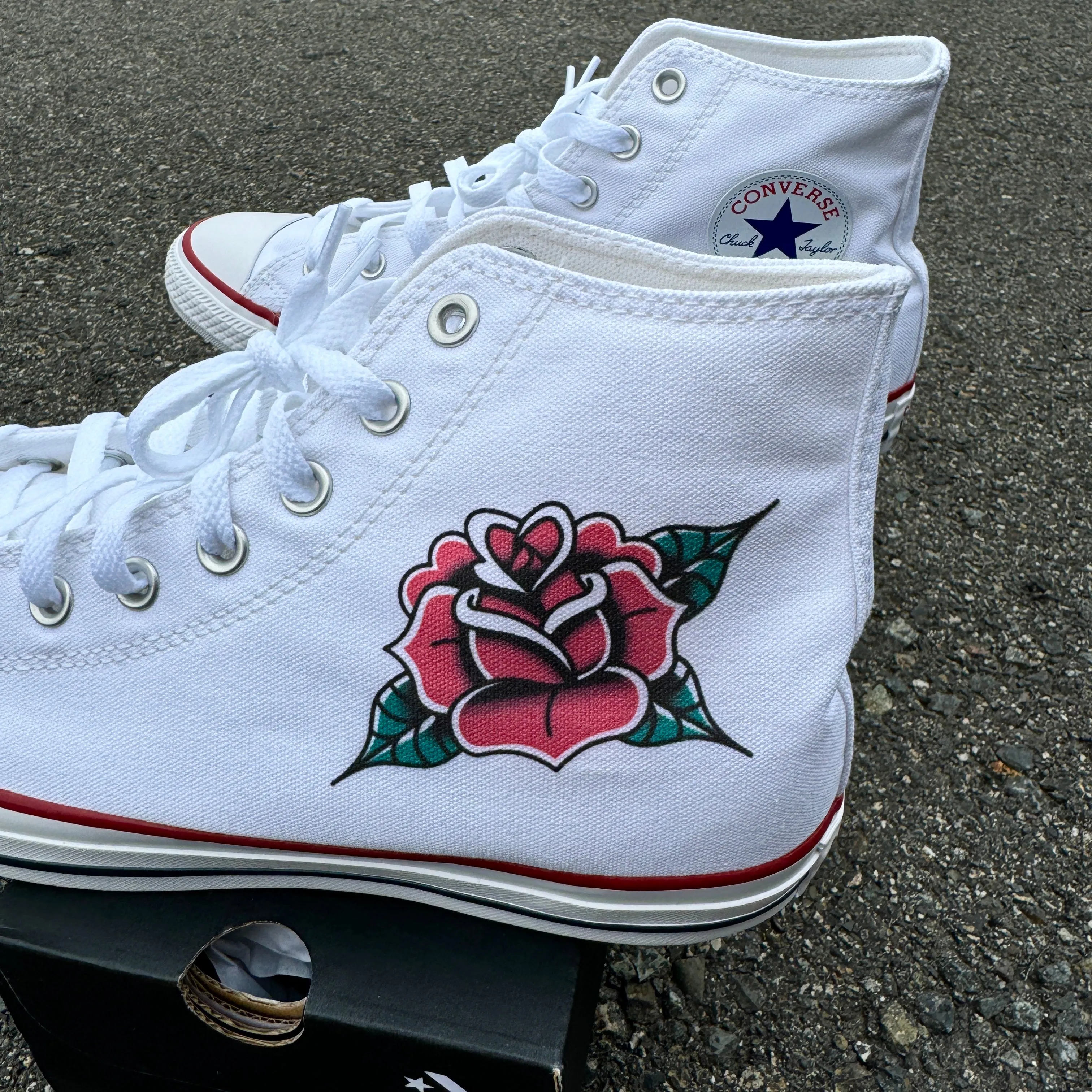 Custom Traditional Rose Tattoo on White High Top Converse