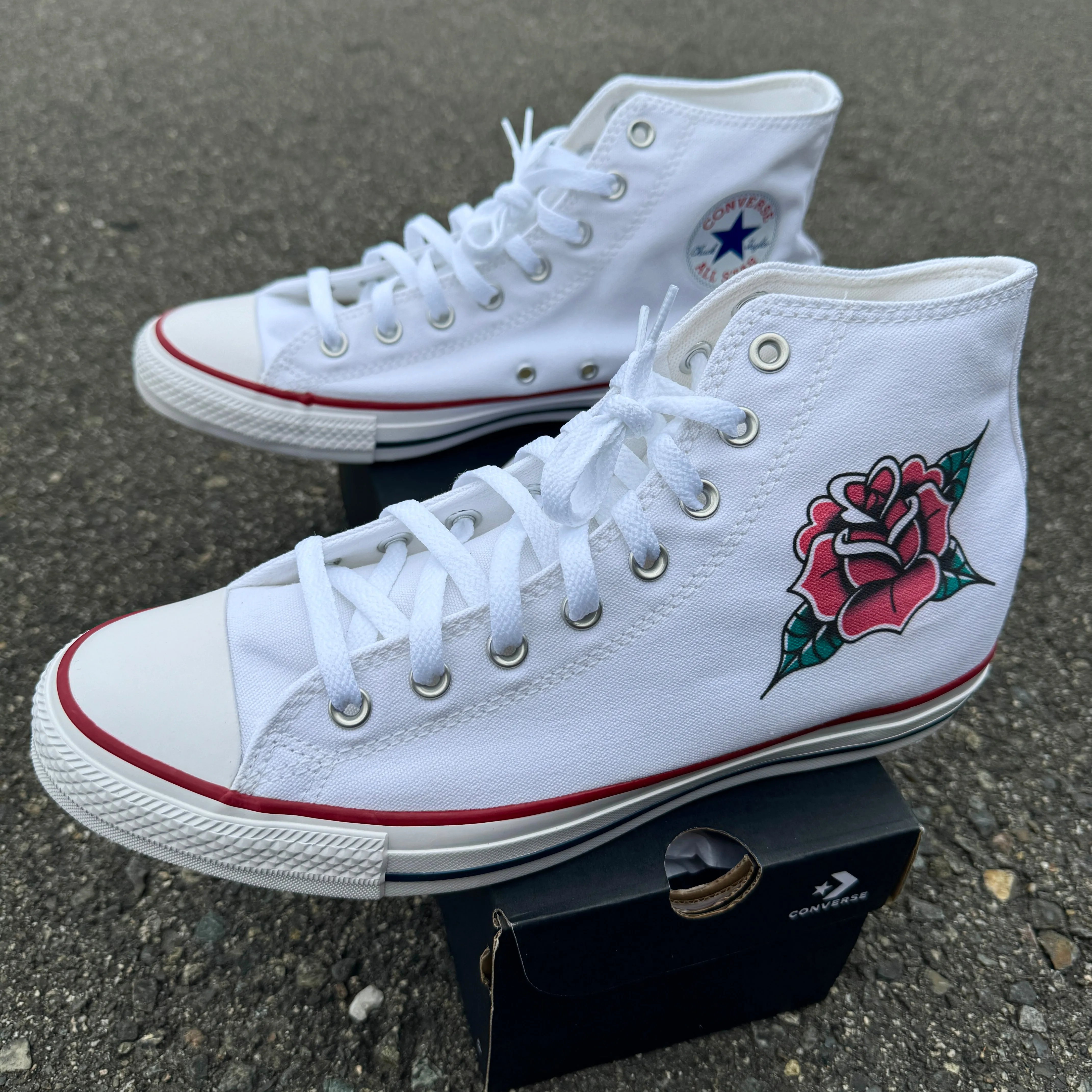 Custom Traditional Rose Tattoo on White High Top Converse