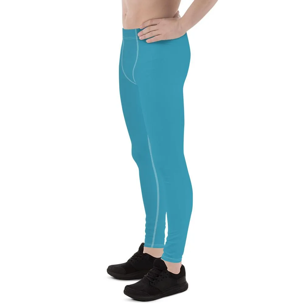 Deep Sky Blue Color Meggings, Solid Blue Color Premium Men's Workout Leggings - Made in USA/EU