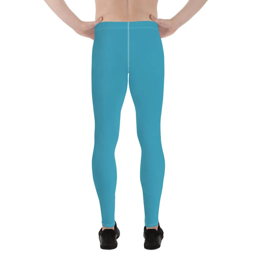 Deep Sky Blue Color Meggings, Solid Blue Color Premium Men's Workout Leggings - Made in USA/EU