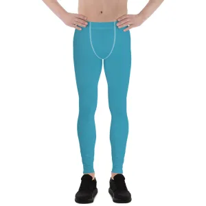 Deep Sky Blue Color Meggings, Solid Blue Color Premium Men's Workout Leggings - Made in USA/EU