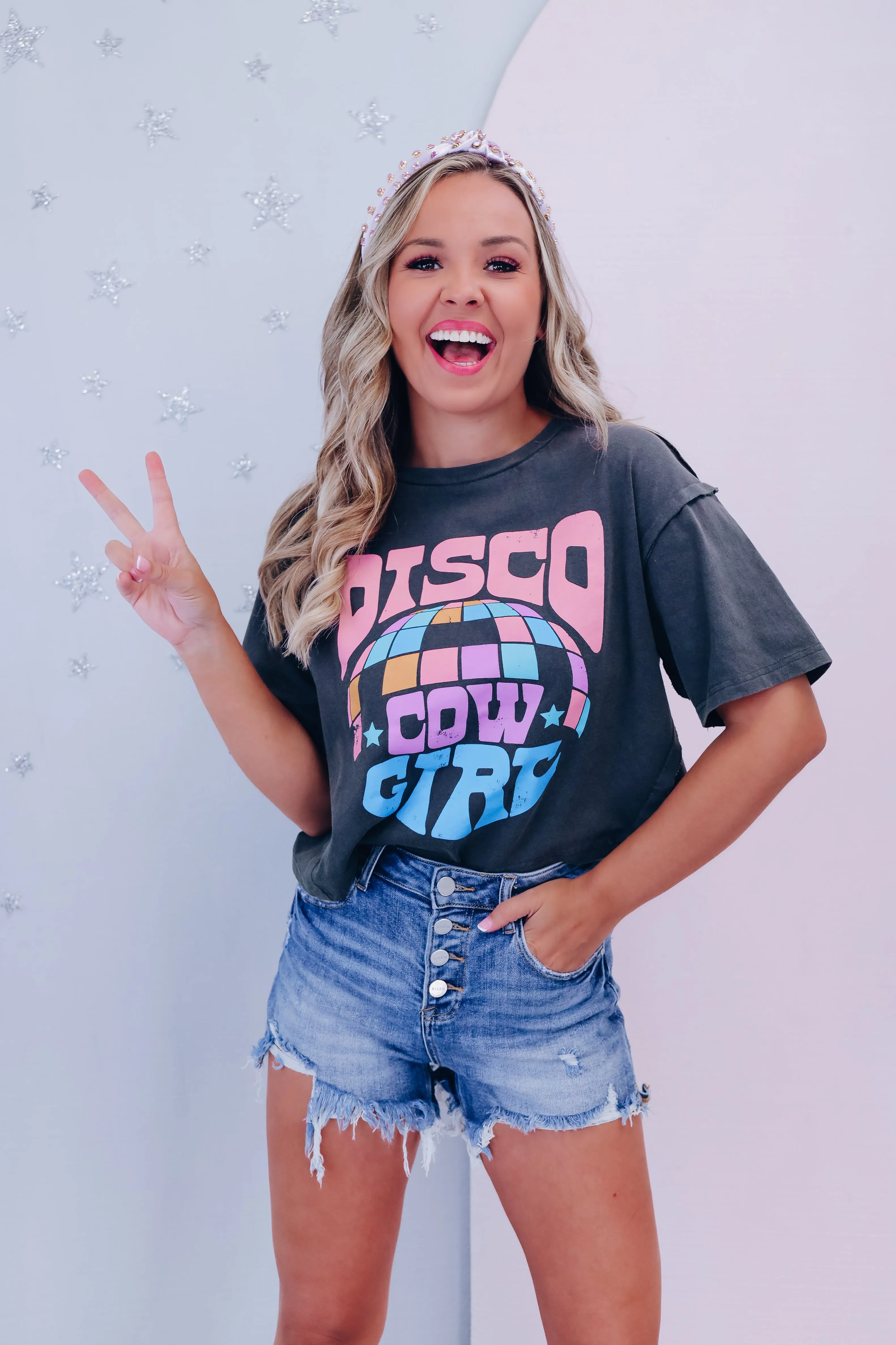 Disco Cowgirl Cropped Graphic Tee - Charcoal