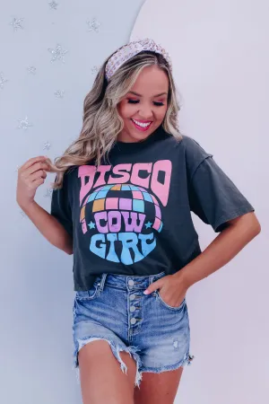 Disco Cowgirl Cropped Graphic Tee - Charcoal