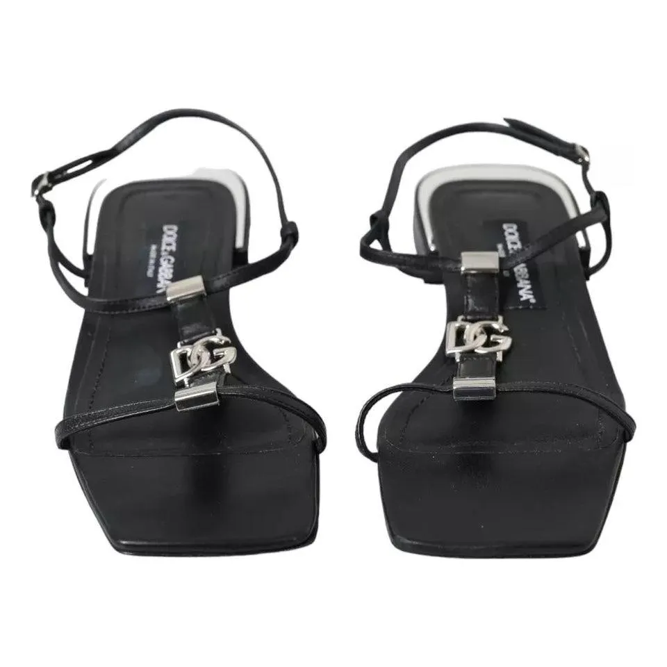 Dolce & Gabbana Black Leather DG Logo Flats Sandals Shoes