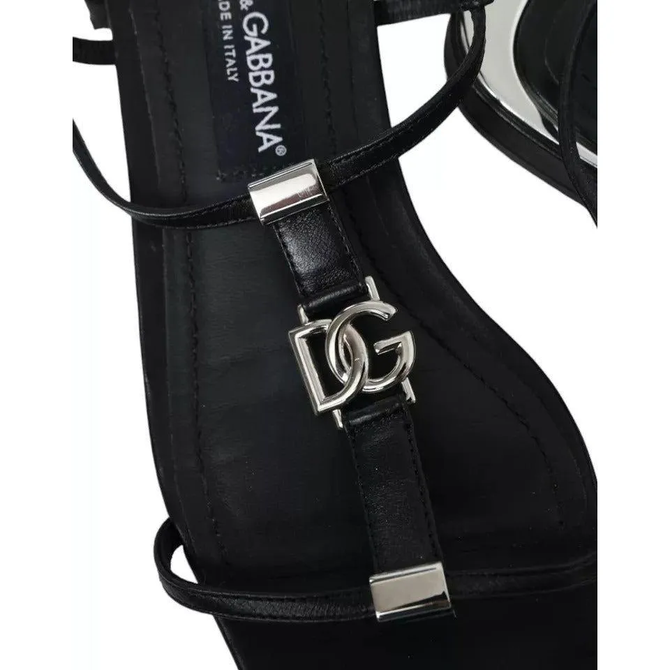 Dolce & Gabbana Black Leather DG Logo Flats Sandals Shoes