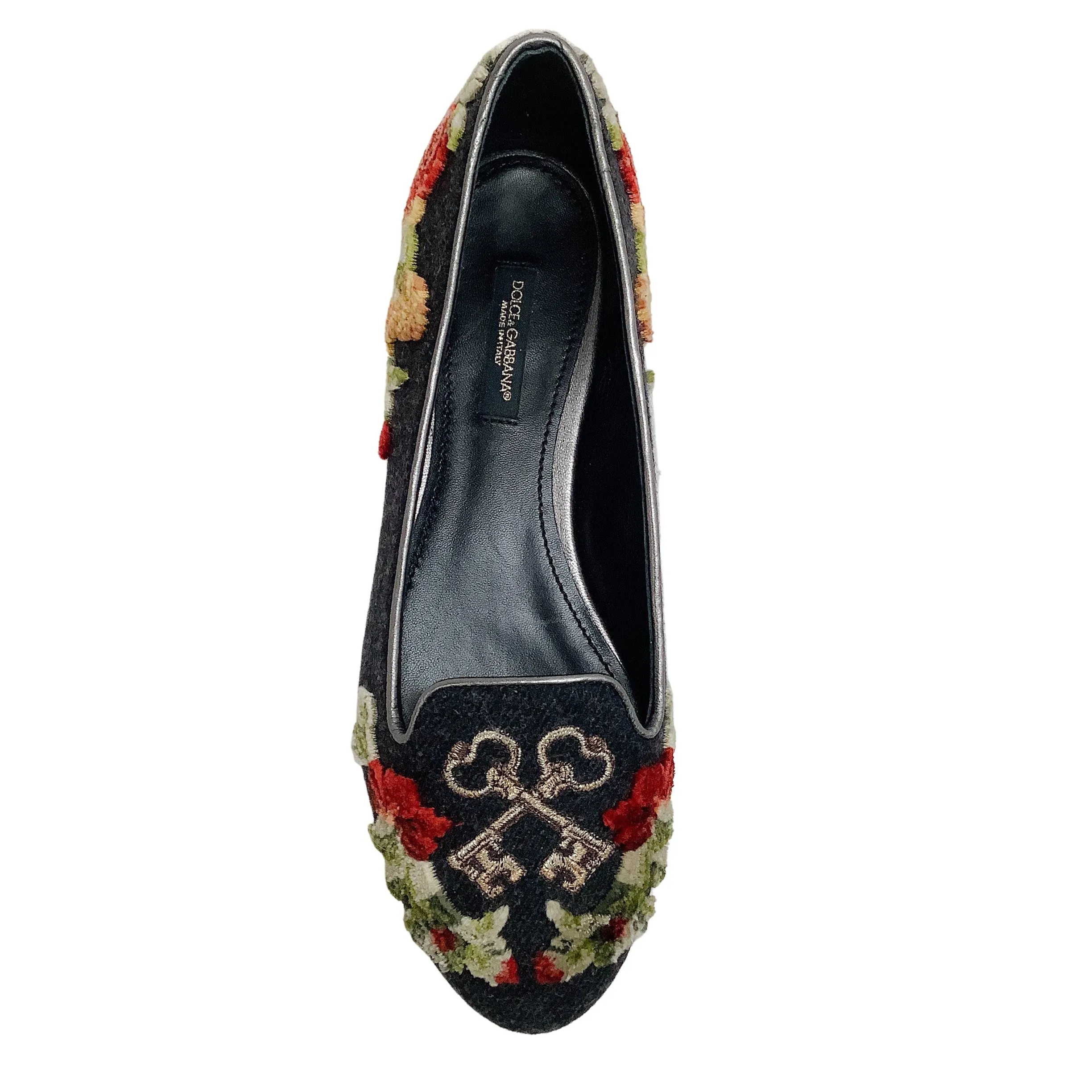 Dolce & Gabbana Grey Flannel Velvet Floral with Key Flats