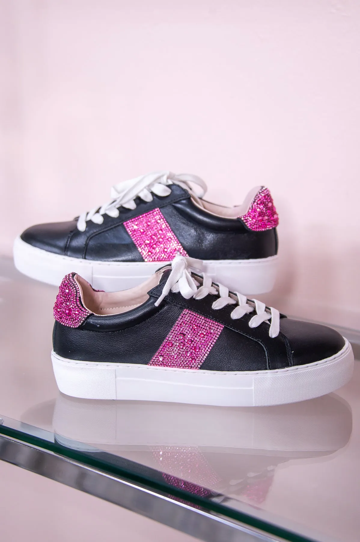 Forever Flashy Fuchsia/Black Leather Bling Sneakers - SHO2611BK