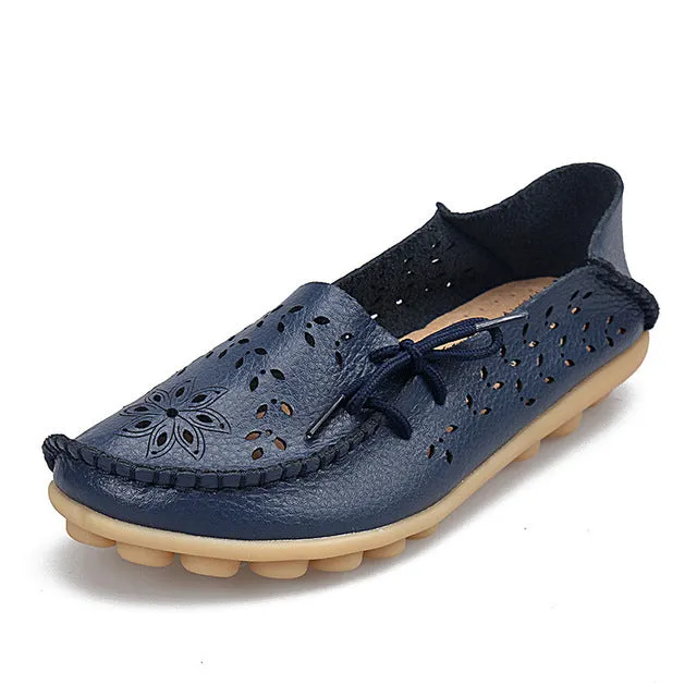 Genuine Leather Women Flats Shoe Fashion Casual Lace-up Soft Loafers Spring Autumn ladies shoes