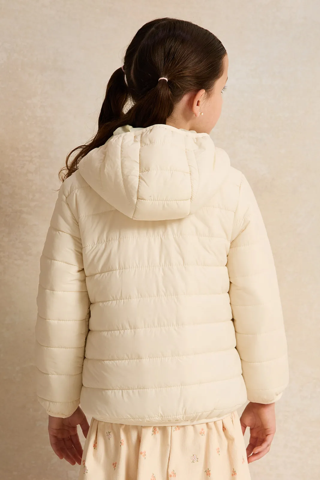 Girls Beige Padded Hooded Jacket