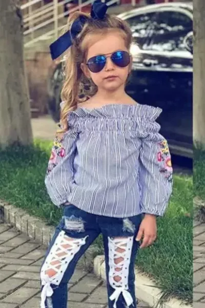 Girls Striped Flower Long Sleeve Off Shoulder Top and Denim Pant Set