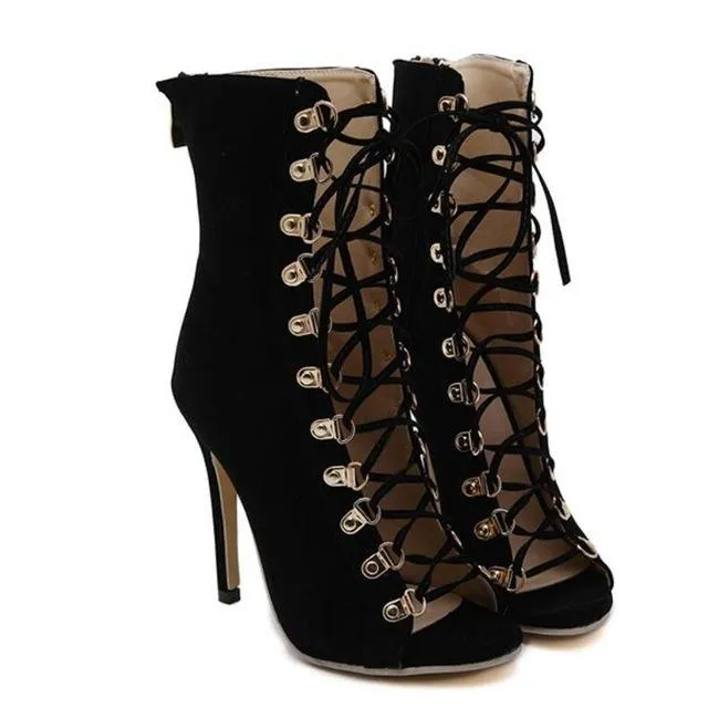 Gladiator High Heels Women Pumps Genova Stiletto Sandal Booties Pointed Toe Strappy Lace Up Pumps Shoes Woman Boots