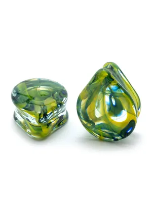 Green & Yellow Smoke Glass Teardrop Plugs