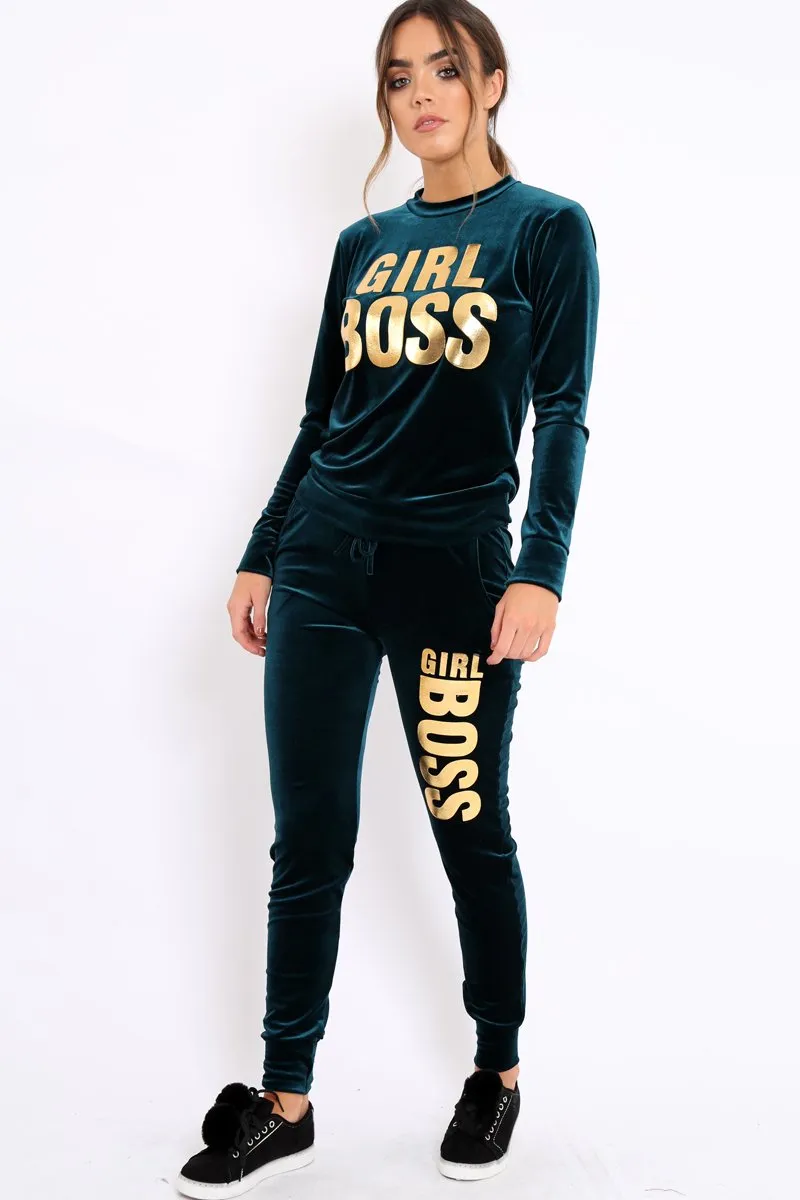 Green Velvet Girl Boss Slogan Tracksuit - Kacie