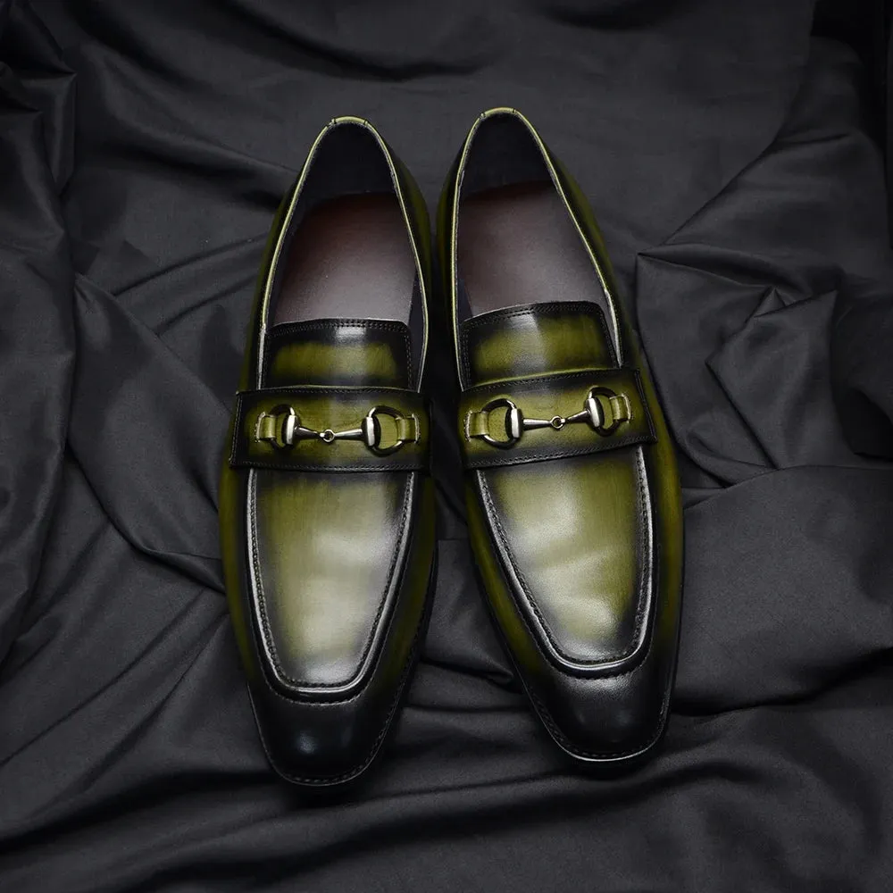 Greenish Black Genuine Leather Loafers