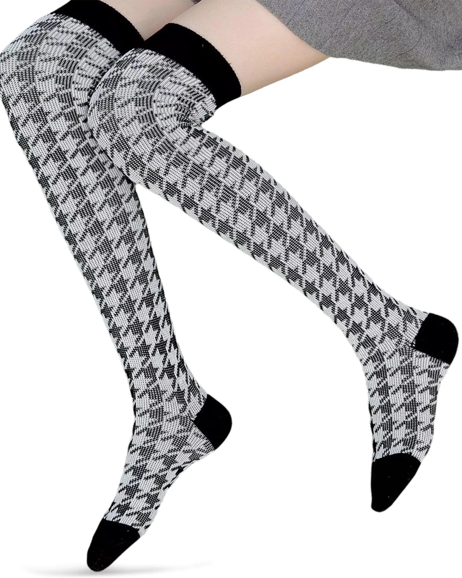 Houndstooth Knee High Socks - Black/White