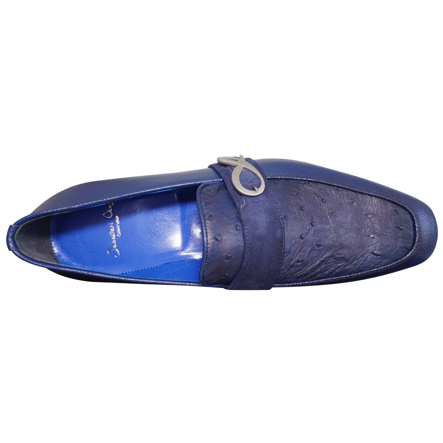 Indigo Ostrich Monk Silver Loafer