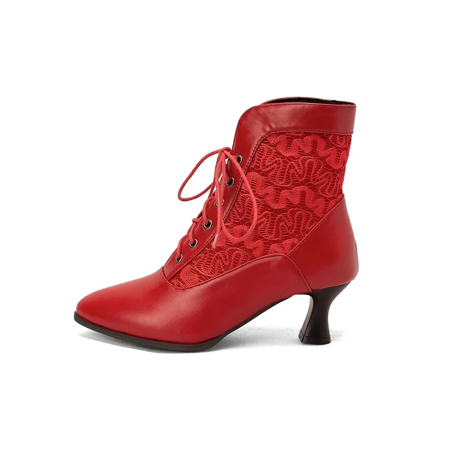 KIylethomasw White Red Women Victorian Pointed Toe Ankle Boots PU Leather Embroidered Laces Punk Cross-tied Kitten High Heel Shoes Plus Size