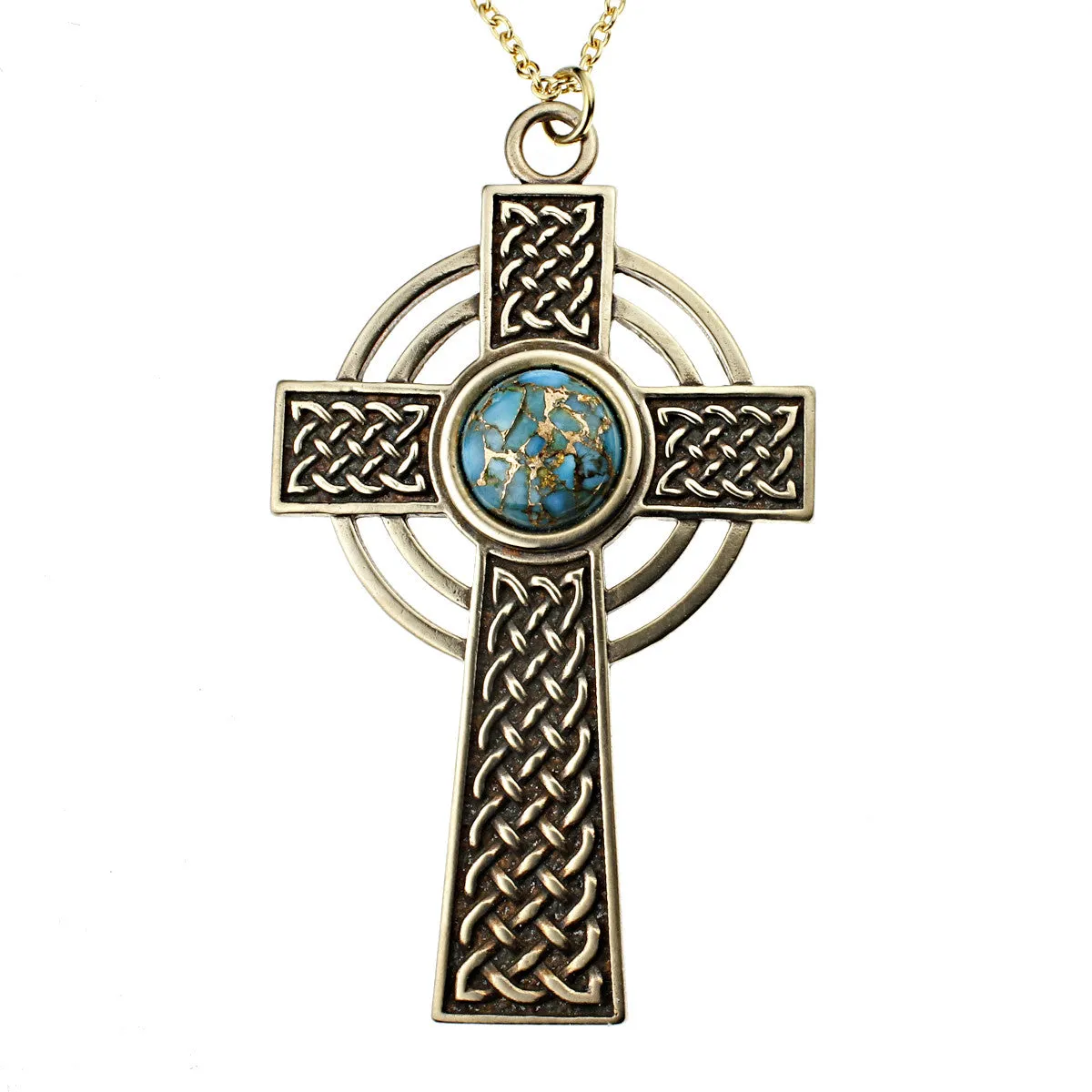 Large Celtic Cross Necklace with 12mm Persian Blue Turquoise Copper Gemstone (Wholesale)