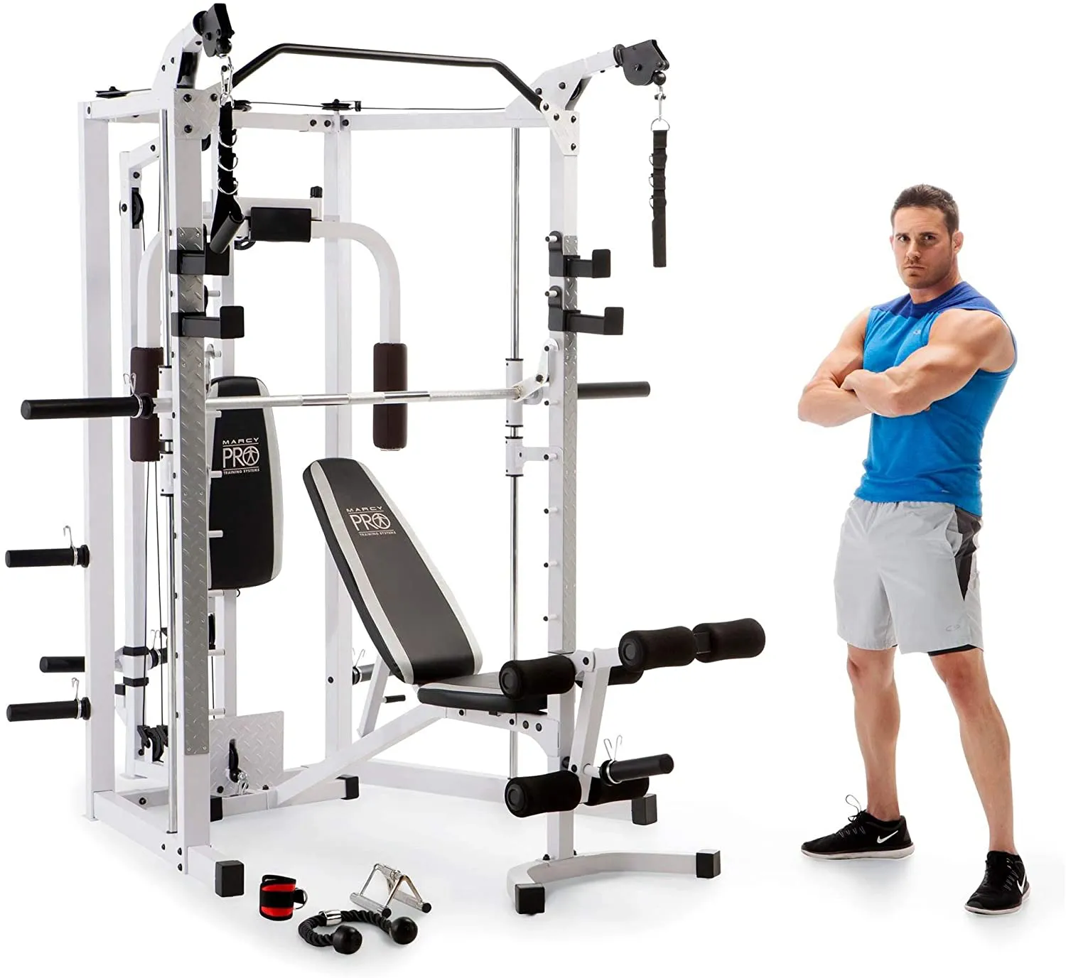 Marcy Smith Cage Machine with Workout Bench and Weight Bar Home Gym Equipment