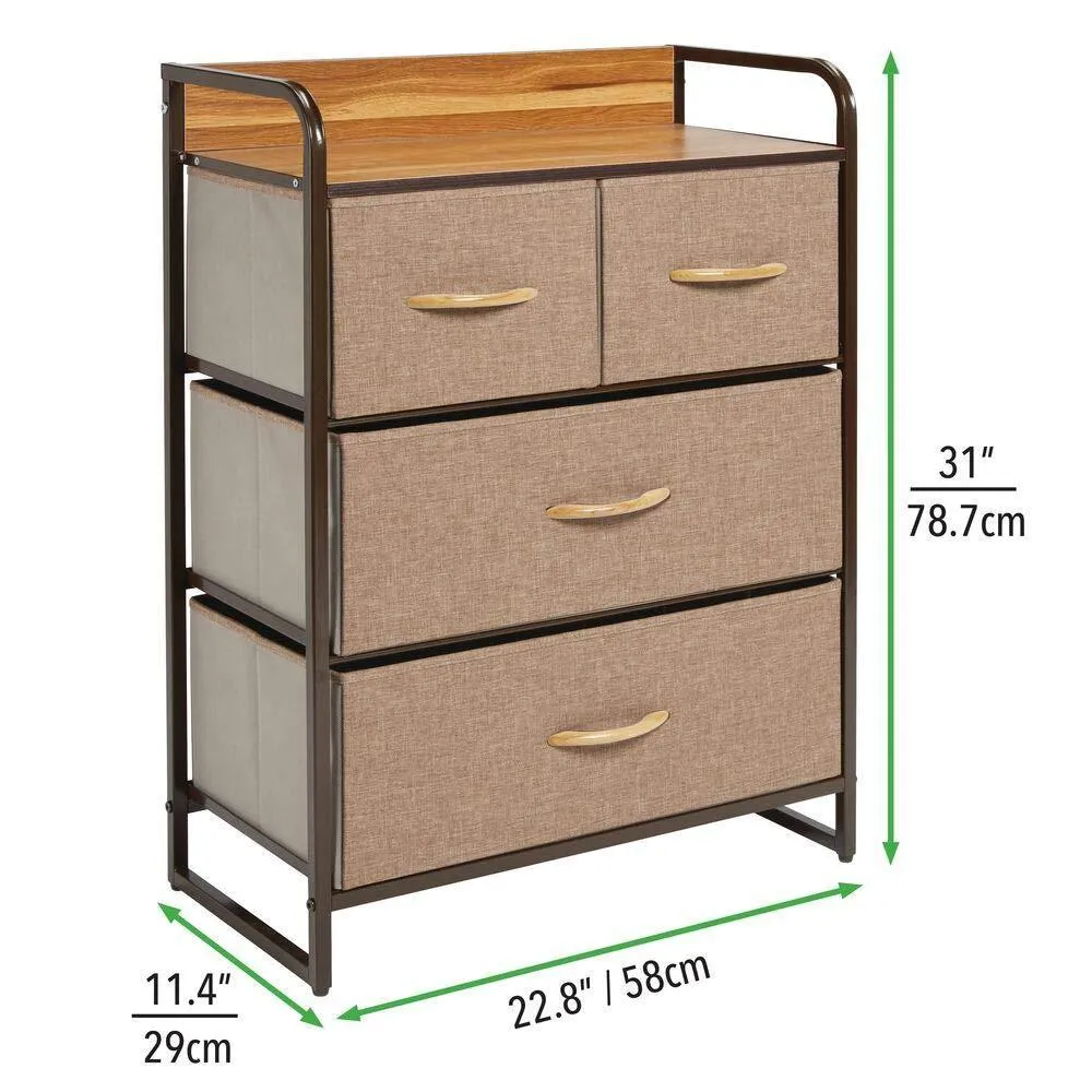 mDesign Dresser Storage Chest - Sturdy Metal Frame, Wood Top, Easy Pull Fabric Bins - Organizer Unit for Bedroom, Hallway, Entryway, Closet - Textured Print, 4 Drawers - Coffee/Espresso Brown