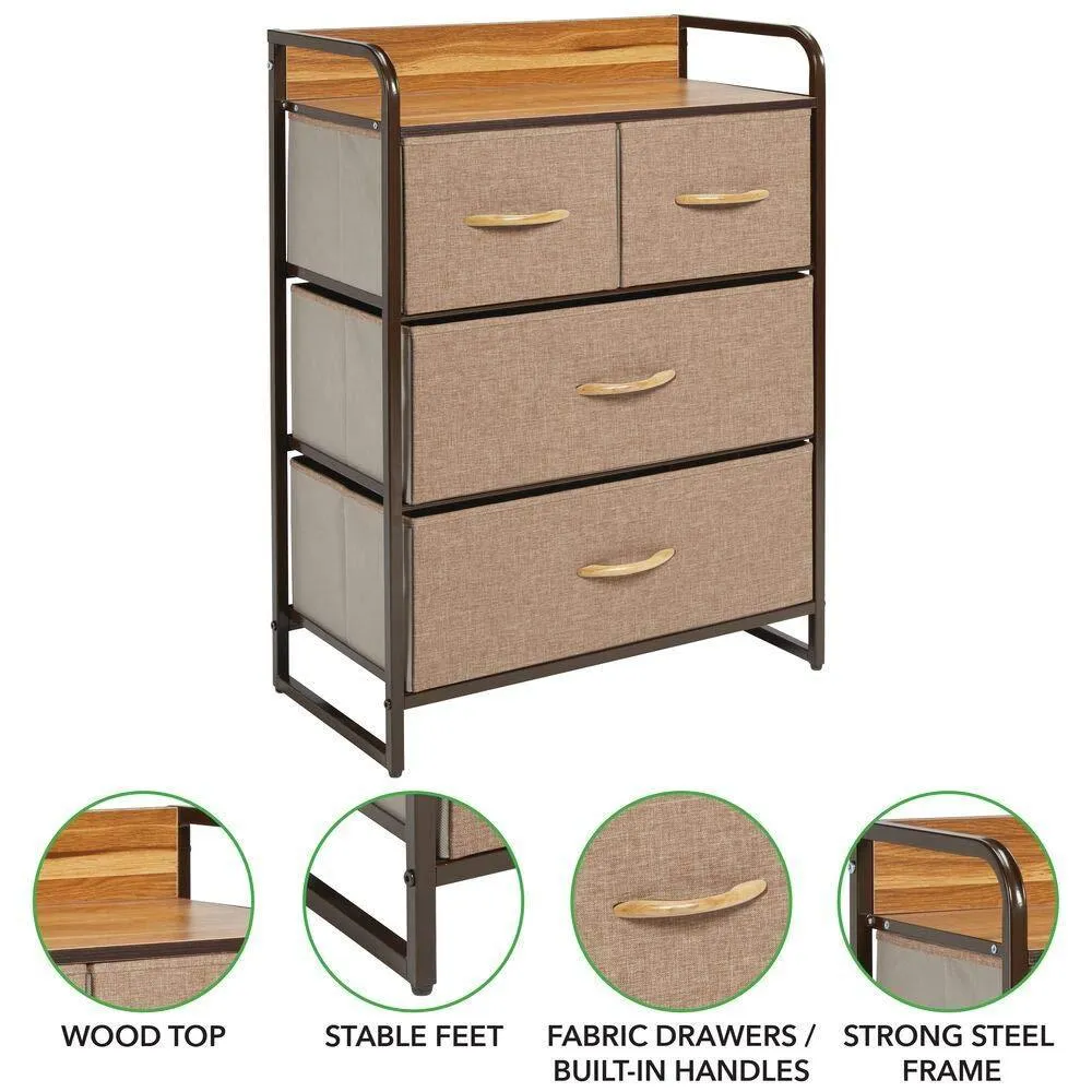 mDesign Dresser Storage Chest - Sturdy Metal Frame, Wood Top, Easy Pull Fabric Bins - Organizer Unit for Bedroom, Hallway, Entryway, Closet - Textured Print, 4 Drawers - Coffee/Espresso Brown